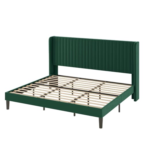 Allewie Queen Size Velvet Bed Frame/Vertical Channel Tufted Wingback Headboard/Upholstered Platform Bed/Strong Wooden Slats/No Box Spring Needed/Easy Assembly/Black - Image 61