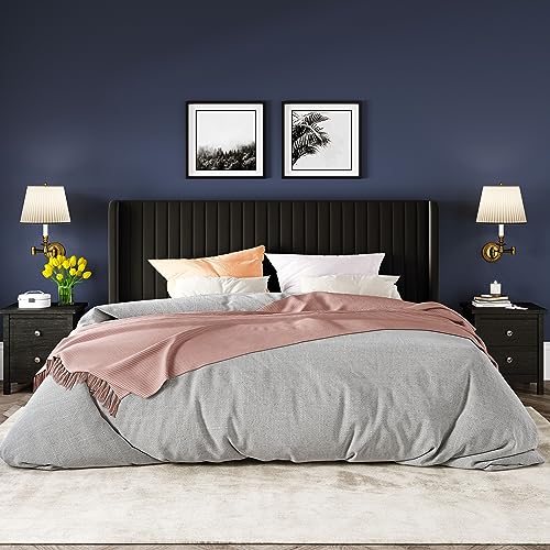 Allewie Queen Size Velvet Bed Frame/Vertical Channel Tufted Wingback Headboard/Upholstered Platform Bed/Strong Wooden Slats/No Box Spring Needed/Easy Assembly/Black - Image 84