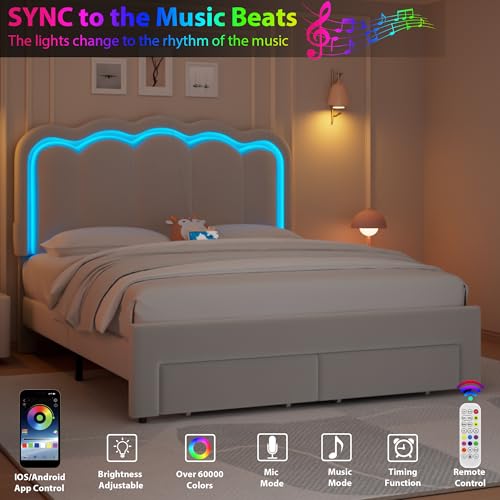 Twin Upholstered LED Bed Frame with Storage Drawer and Adjustable Chic Double Wavy Headboard, Velvet Princess Platform Bed for Kids/Girls, Solid Wood Slats Support, No Box Spring Needed, Beige - Image 21