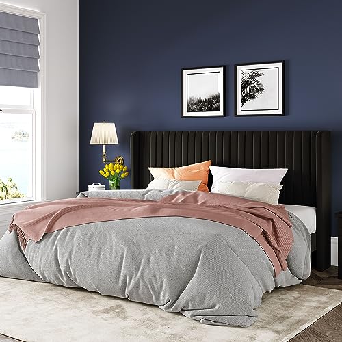 Allewie Queen Size Velvet Bed Frame/Vertical Channel Tufted Wingback Headboard/Upholstered Platform Bed/Strong Wooden Slats/No Box Spring Needed/Easy Assembly/Black - Image 82