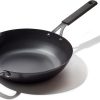 OXO Obsidian Pre-Seasoned Carbon Steel, 12 Wok Pan with Removable Silicone Handle Holder, Induction, Oven Safe, Black