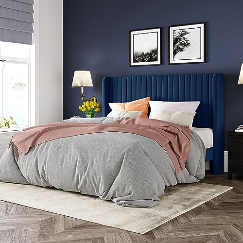 Allewie Queen Size Velvet Bed Frame/Vertical Channel Tufted Wingback Headboard/Upholstered Platform Bed/Strong Wooden Slats/No Box Spring Needed/Easy Assembly/Black - Image 63