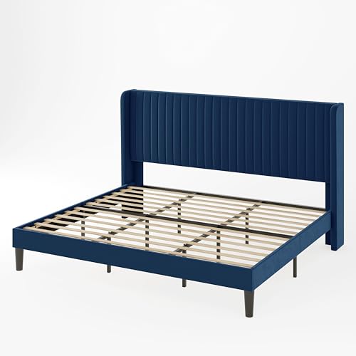 Allewie Queen Size Velvet Bed Frame/Vertical Channel Tufted Wingback Headboard/Upholstered Platform Bed/Strong Wooden Slats/No Box Spring Needed/Easy Assembly/Black - Image 19