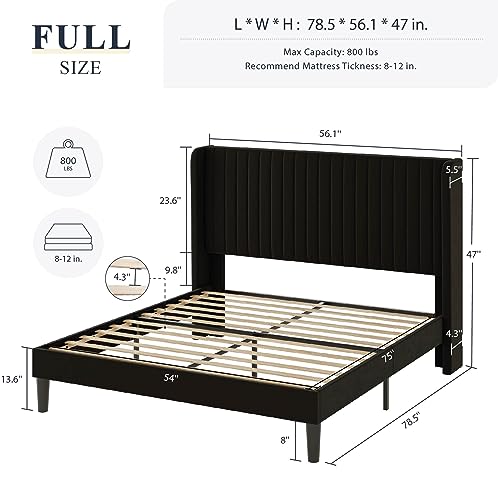 Allewie Queen Size Velvet Bed Frame/Vertical Channel Tufted Wingback Headboard/Upholstered Platform Bed/Strong Wooden Slats/No Box Spring Needed/Easy Assembly/Black - Image 73