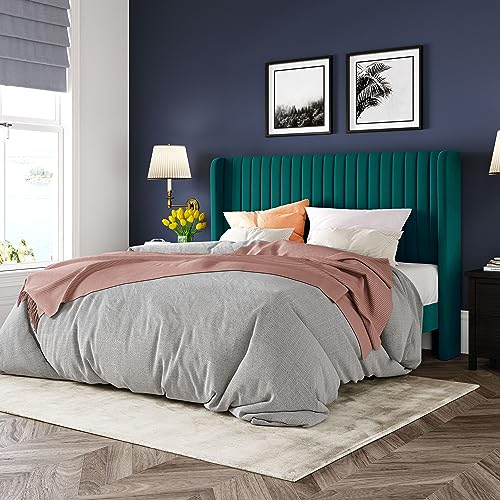 Allewie Queen Size Velvet Bed Frame/Vertical Channel Tufted Wingback Headboard/Upholstered Platform Bed/Strong Wooden Slats/No Box Spring Needed/Easy Assembly/Black - Image 29