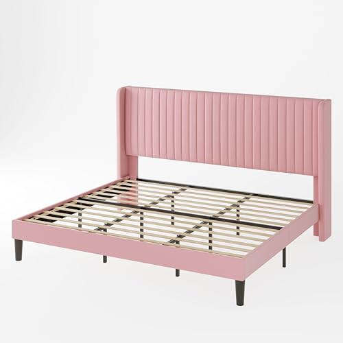 Allewie Queen Size Velvet Bed Frame/Vertical Channel Tufted Wingback Headboard/Upholstered Platform Bed/Strong Wooden Slats/No Box Spring Needed/Easy Assembly/Black - Image 57