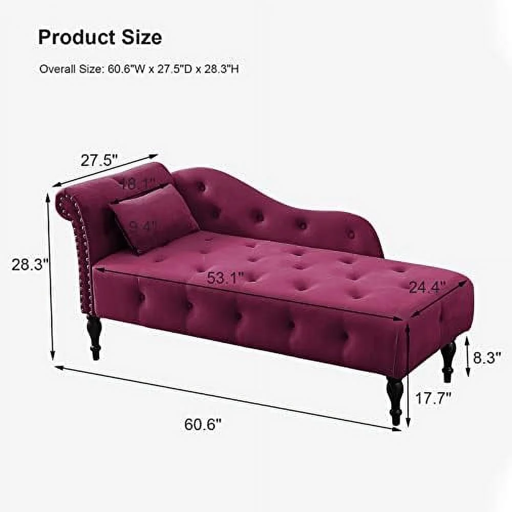 TJUNBOLIFE Velvet Chaise Lounge Indoor 60u201D Tufted Upholstered Lounge Chair with Pillow & Rolled Arm Nailhead Trim for Bedroom Living Room Office Grey - Image 2