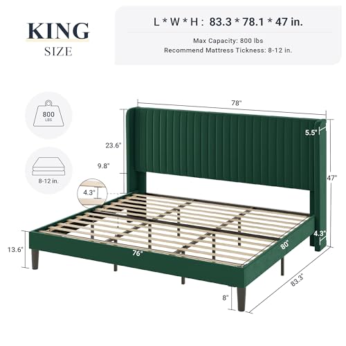 Allewie Queen Size Velvet Bed Frame/Vertical Channel Tufted Wingback Headboard/Upholstered Platform Bed/Strong Wooden Slats/No Box Spring Needed/Easy Assembly/Black - Image 59
