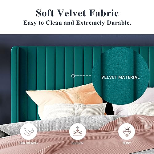 Allewie Queen Size Velvet Bed Frame/Vertical Channel Tufted Wingback Headboard/Upholstered Platform Bed/Strong Wooden Slats/No Box Spring Needed/Easy Assembly/Black - Image 25